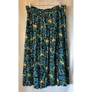 Vintage Worthington Women's Blue Yellow Floral Challis Midi Skirt Sz 12 34 Waist